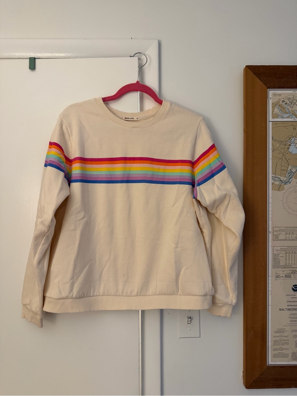 Marine Layer Cream Crewneck with Rainbow Stripes